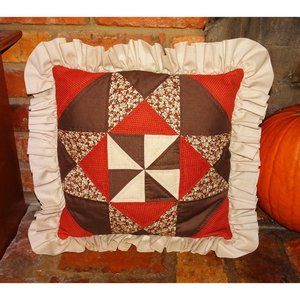 Vintage Beige & Brown Quilted Throw Pillow w/ Ruffles country farmhouse decor